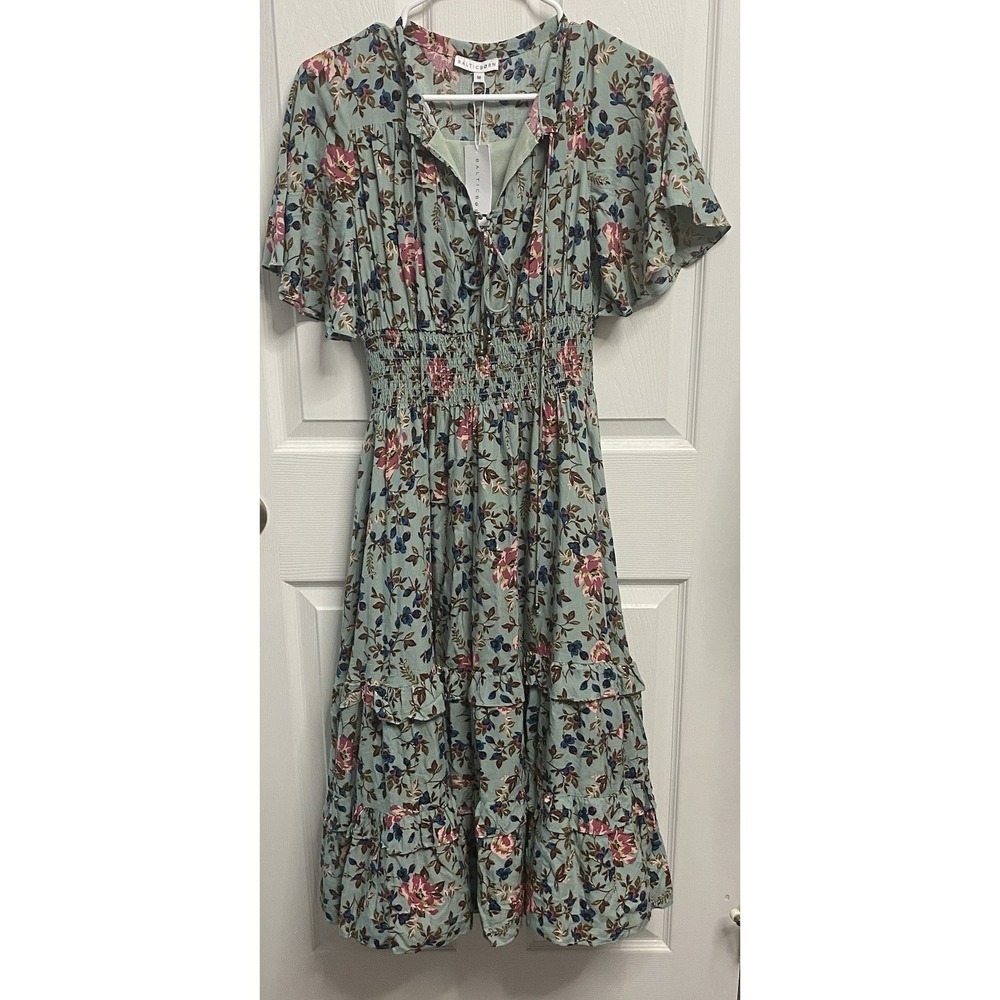 Baltic Born Women Sage Green&Pink Midi Dress Floral Renaissance Boho‎ Tier NWT-M